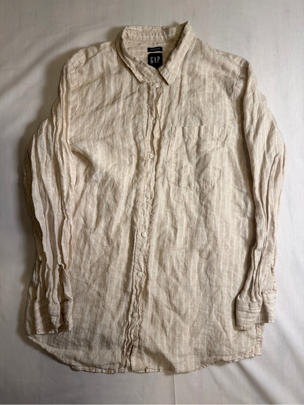 Gap 100% Linen Boyfriend Shirt Womens Large Beige Striped Long Sleeve